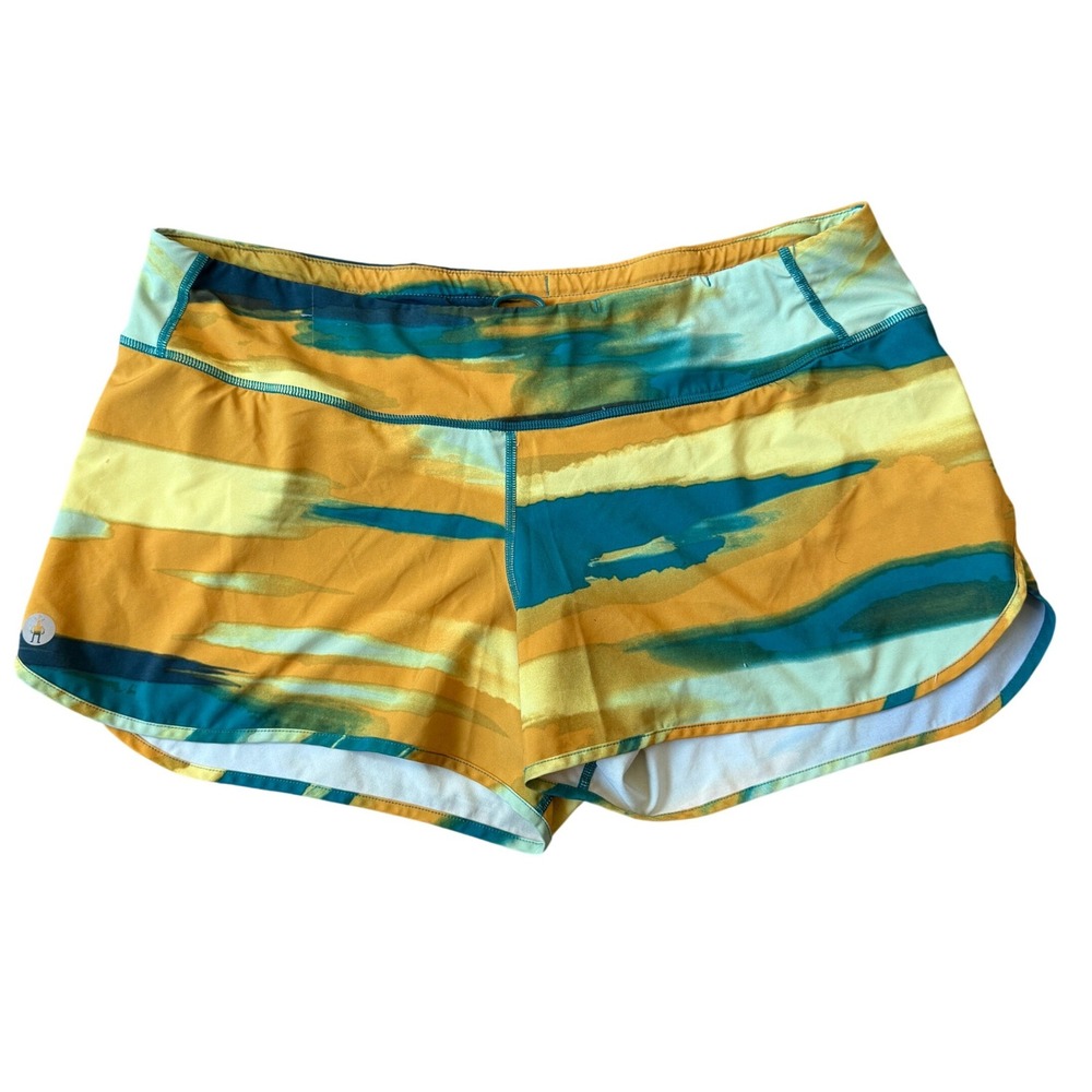 Smartwool Active Lined Shorts Womens Large Yellow Teal Abstract Watercolor Print
